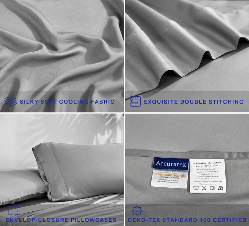 ACCURATEX Cooling Sheets Queen Size Grey - Viscose Made from Bamboo, Luxury Hotel Sheet Set for Queen Size Bed, Super Soft Breathable Bedding Sheets up to 16 inches Deep Pockect - Image 4
